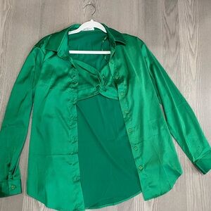 Elegant Green Satin Button-Up Blouse with Matching Twist Front Bralette